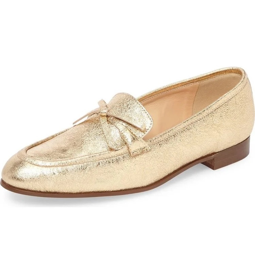 J. Crew The Academy Leather Metallic Gold Womens Almond Toe Loafers H1872 Size 8
